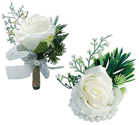 Boutonniere und Handgelenk Corsage Set Hochzeit Rose Blume Armband und Herren Boutonniere Knopflöcher Bräutigam und Braut Hochzeit Blumen Zubehör für Hochzeit Party Abschlussball Anzug Dekor