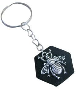 Porte clé clef Abeille, Apiculture, Apiculteur Argenté, couleur Argent cuir Noir Cadeau Noël Original Anniversaire Fête des Pères Nature