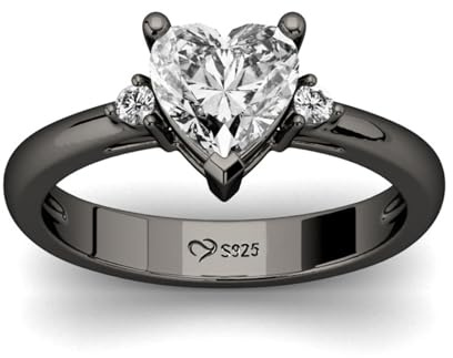 Jeulia Heart Black Engagement Ring: Women Sterling Silver Three Stone Cubic Zirconia Promise Wedding Ring Band Jewellery for Her Wife Gift (Black, W-½.)