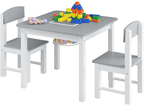 WOLTU Kindertisch mit 2 Stühlen, Kindersitzgruppe mit Stauraum, Sitzgruppe für Kinderzimmer, Spieltisch mit wendbarer Bauplatte, großen Bauklötzen kompatibel, Weiß Grau