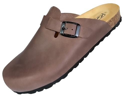 GONKOS®, Lederclogs mit Kork-Einlegesohle, echtes Leder, Naturkork, verstellbare Schnalle am Fuß, Herren-/Damensandalen, Qualitätssandalen, Made in Spain, Farbe Braun, Größe 45