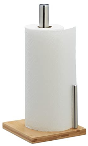 Relaxdays Küchenrollenhalter stehend, Bambus, Edelstahl, Rollenhalter mit Abrollstop, HBT: 33 x 16 x 16 cm, Natur/Silber