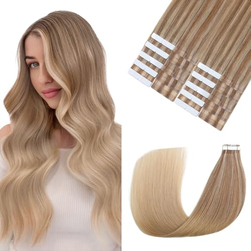 Sindra Tape Extensions Echthaar 55cm #10/16/16 | Ashblond bis Bleach Blonde, 20Stück 50g, Invisible Tape Extensions Echthaar, Seidig Gerade, Haarverlängerung Echthaar, 22Zoll
