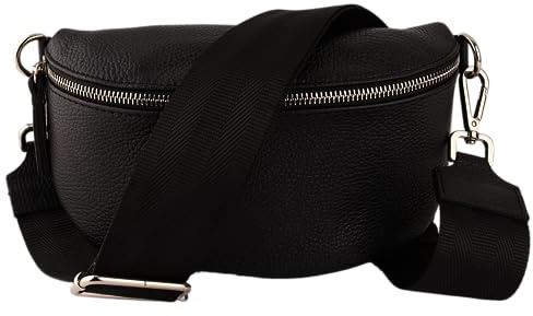MIRROSI® Bauchtasche Damen, Echtleder, Made in Italy, Umhängetasche, Brusttasche, Crossbody Bag (1 Tasche & 2 Gurte) (Schwarz (Uni Einfarbig Schwarz), Große Tasche (28x18x9cm))