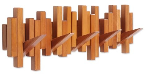 Acsigesn Wooden Coat Rack Wall Mounted Sticks Multi Rack Solid Handmade Natural Cherry Wood Artwork with 5 Flip-Down Unique Modern Hooks for Coats Bag Hat Umbrella