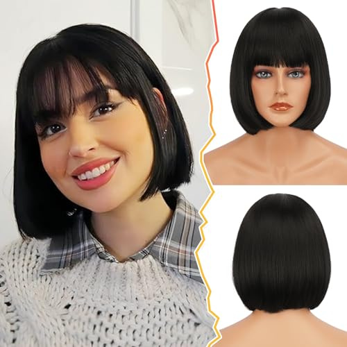 BARSDAR Schwarz Kurze Bob Perücke mit Pony, Kurze Schwarz Bob Perücke mit Pony für Damen 30cm Kinnlang Natürlich Aussehend Weich Synthetische Easy Wear Perücken Halloween Party Bobs Perücken