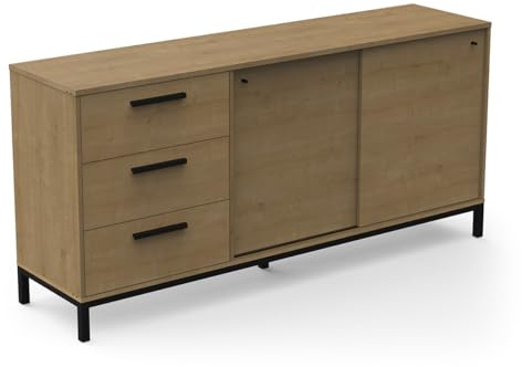 Buffet Bas Tendance 2 Portes Coulissantes & 3 Tiroirs – Style Industriel – Coloris Chêne Hamilton & Finitions Noir Mat - 181 x 86 x 45 cm