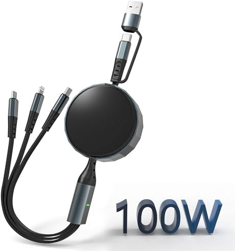 100W 3 in 1 Einziehbares Ladekabel - [MFi Zertifiziert/1,2M] 6A PD Schnelllade&Daten(Typ C) Multi USB C/Lightning/Micro für iPhone 15 14 13, Android, Laptop, MacBook
