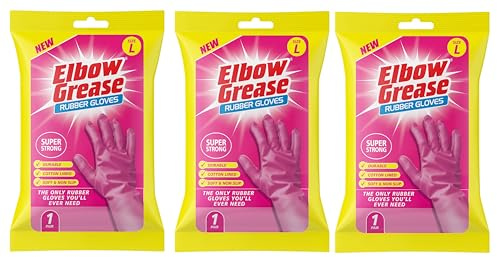 Ozmoint Multipack - Elbow Grease Super Strong Cleaning Rubber Gloves - Pink Latex Gloves, Medium 7 1/2 & Large 8 1/2, Cotton Lined, Soft & Non-Slip (3, Large)
