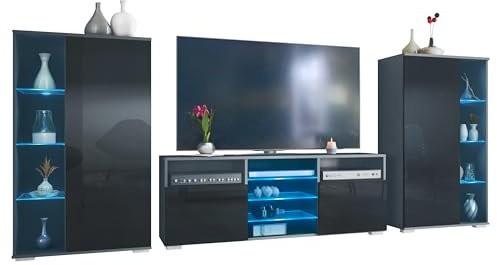 Vladon Wohnwand Davos, Anbauwand bestehend aus 2 Vitrinen und 1 TV-Board, Anthrazit matt/Schwarz Hochglanz inkl. LED-Beleuchtung (329 x 134 x 35 cm)