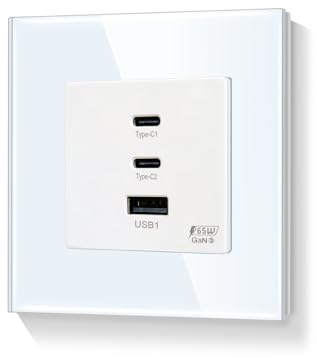 LIAONFOY 65W Super Lade Steckdose Super Fast Charging Drei Ports usb c Kombination Wandsteckdose Glasrahmen Weiß 86mm 100-240V Max Ladegeschwindigkeit 65W für Typ c 20W für USB (Neutrale erforderlich)