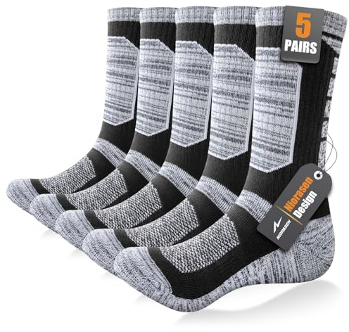 Niorasen Full Cushion Mens Work Socks, Breathable Cotton Hiking Socks for Men, 5 Pairs Thick Padded Mens Crew Walking Socks for Outdoor Sport Running Climbing, Black, 9-11