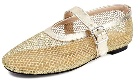 Mujeres Mesh Ballet Flats Comfy Informal Oficina Plano Heel Fishnet Ballerina Zapatos Punta Redonda Hebilla Strap Mary Jane Flats para Mujer Señoras Niñas Oro Numero 39