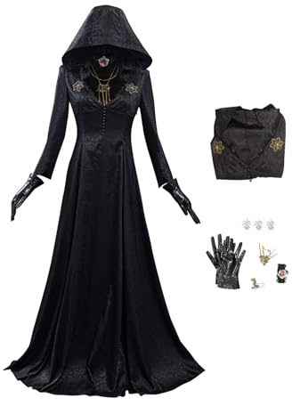 Cultofmoon Bela Dimitrescu Cosplay Abito Medievale Gothic Retro con Cappuccio Nero a Maniche Lunghe Abito con Cappuccio da Vampiro e Strega per Gioco, Village Cosplay Costume per Halloween e Carnevale