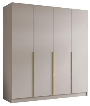 Mirjan24 Kleiderschrank mit Einlegeböden und Kleiderstange Salkor I, Vielseitiger Drehtürenschrank, Elegantes Kleiderschrank 4-türig (Cashmere/Cashmere + Gold)