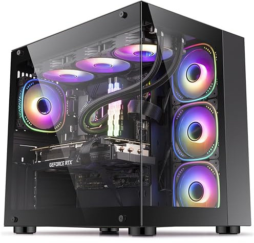 IONZ KZ-ZE/B PC Gaming Case, ATX Mid Tower, Dual Chamber Dynamic Extended Series,Tempered Glass, 4 x ARGB PWM Fans Included - Black