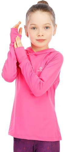 HMILES Girls UV Long Sleeve Running Tops with Thumbholes Kids Lightweight Hiking Hooded Shirt Children UPF Hoodie Sports Tshirts Active Sweatshirt Pullover Yoga Bright Fuchsia 7/8 Years
