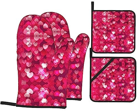 Set di 4 guanti da forno e presine a forma di cuore per San Valentino, set da 4 pezzi, decorazione per la casa, cucina, regalo di Natale