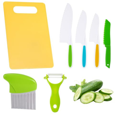 7 Pcs Kids Knife Set for Chopping Knife for Kids Kitchen Knife Set, Kids Cooking Set, Plastic Toddler Kids Safety Knives, with Childrens Knife Set for Chopping Board, Crinkle Cutter, Potato Slicer