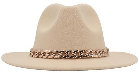 ZC8bdbd Fedora Filzhut für Damen und Herren, klassisch, große breite Krempe, Jazzhut mit Kette, Beige, L