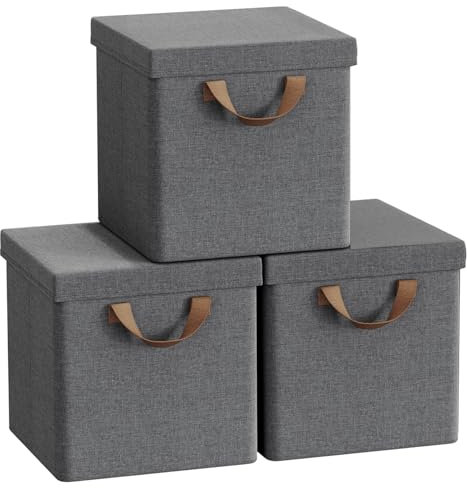 WOLTU Faltbare Aufbewahrungsboxen 3 Stück, Stoffboxen mit Deckel und Metallrahmen, Aufbewahrungswürfel für Wohnzimmer, Schlafzimmer, Arbeitszimmer, Mehrzweck, Grau, 30x30x29cm