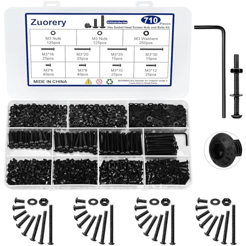 710PCS M3 Screw Assortment Kit, M3x6/8/10/12/16/20/25/30mm M3 Screw Kits, 10.9 Grade Alloy Steel Metric Hex Button Head Cap Screws, Nuts and Flat Washers, Black Zinc Plated Screw Set for 3D Printing