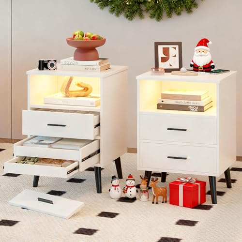 LVSOMT Nachttisch 2er Set mit Geheimfach und LED, Holz Nachttisch mit Drahtloses Ladefunktion, 3 Farben LED Licht, Metallgriffe und Füße, USB und USB-C, 3 Schubladen, Nachttische Schlafzimmer, Weiß