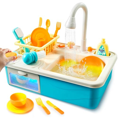 JOVA lalalark Color Changing Play Sink with Running Water, Kids Sink Toy with Electric Dishwasher, Chopping Sounds and Automatic Water Cycle System, Pretend Kitchen Sink for Toddler Birthday Gift