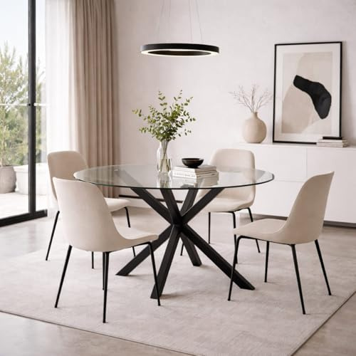 Yellowshop | Tavolo Tondo YAM Ø114 cm – Piano in Vetro Temperato e Struttura in Acciaio Nero, Design Moderno per Sala da Pranzo e Soggiorno