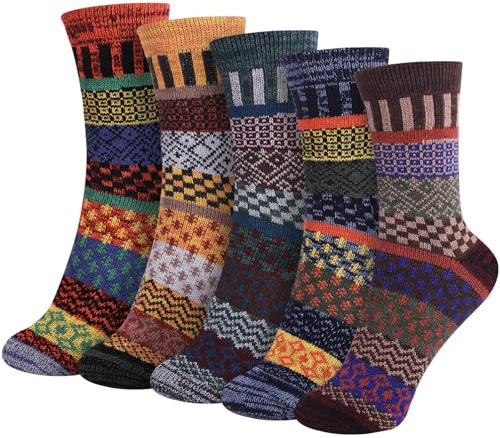 Riqiaqia 5 Paar Winter Merino Wool Socken Damen Warme Dicke Bunte Thermosocken Wollsocken Stricksocken Gemütlich und Atmungsaktive, Damen Geschenk Socken Einheitsgröße