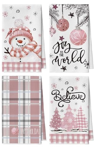 Artoid Mode Rosa BüffelKaro Schneemann Baum Weihnachtskugel Weihnachten Küchentücher Geschirrtücher, 42x65 cm Mikrofaser Saugfähig Küchen Deko 4er Set