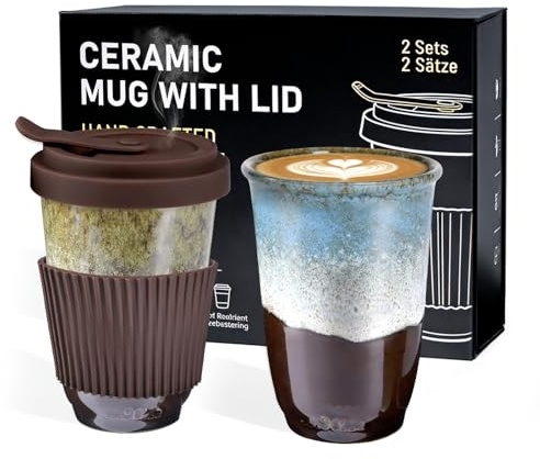 ganfaner 390ml Travel Coffee Mug with Lids, 2 PCS Ceramic Coffee Cups Heat Resist w/Sleeve, Attractive Coffee Mugs for Hot Cold Fit Car Holder, Microwave Dishwasher Safe for Office Home (Green Blue)