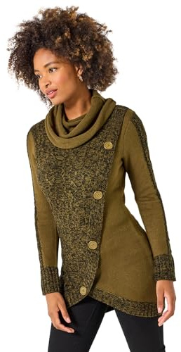 Joe Browns Womens V Shaped Hem Two Tone Marl Funnel Neck Jumper Sweater, Khaki, 18 UK