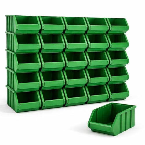 Rodopi 26er Set Stapelboxen, Größe M | Sichtlagerkästen 230x150x130mm | Robuste Lagerboxen für Werkstatt, Garage, Keller | Aufbewahrung für Kleinteile & Werkzeug | Sortierkästen Grün