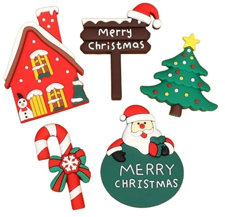 5pcs Christmas Cake Toppers,Cake Topper Set,Party Decorations,Christmas Party Acrylic Cupcake Top Hat,Santa Claus, Trees, Houses,Candy Bars,Festival Logo, Red And Green Decorations