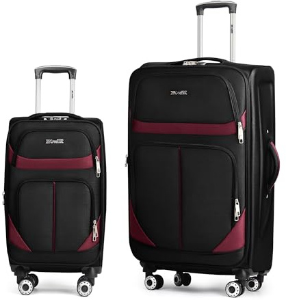 New York XPress 2-Piece Set Front Opening,Softside Luggage Sets w/Double Spinner Wheels Expandable Luggage,Lightweight Travel Luggage Rolling Suitcase w/LOCK（Black-Burgundy,20in/28in）