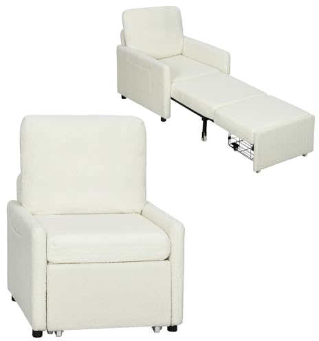 HOMCOM Schlafsessel 1-Sitzer, Schlafsessel in Teddy-Fleece mit verstecktem Stauraum, Seitentaschen, breiter, gepolsterter Sitz, Kissen, Schlafsofa für Gäste, Wohnzimmer, kleine Räume, cremefarben