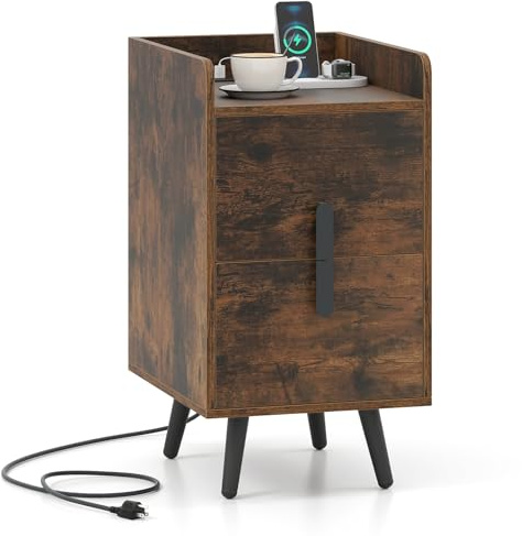 COSTWAY Nachttisch mit Ladestation, schmaler Nachtschrank mit 2 Schubladen, Beistelltisch mit Metallbeinen, Nachtkommode für Schlafzimmer, Wohnzimmer, 40 x 32 x 60 cm (Rustikales Braun)