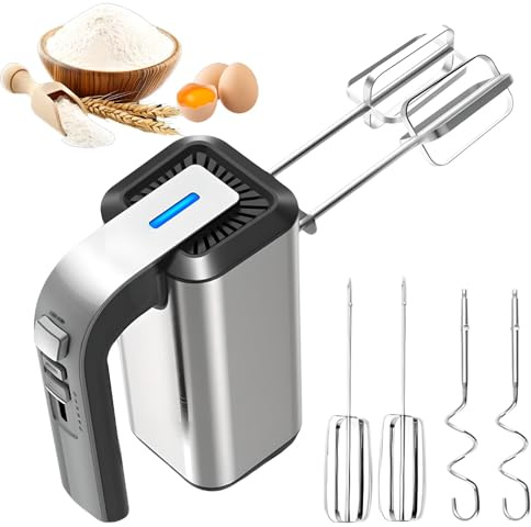 Frusta Elettrica a 5 velocità, Frullatore Portatile Leggero con Corpo in Acciaio Inox, Sbattitore per Uova con 2 Ganci per Impasto e 2 Fruste per Cucina, Pasticceria e Montaggio