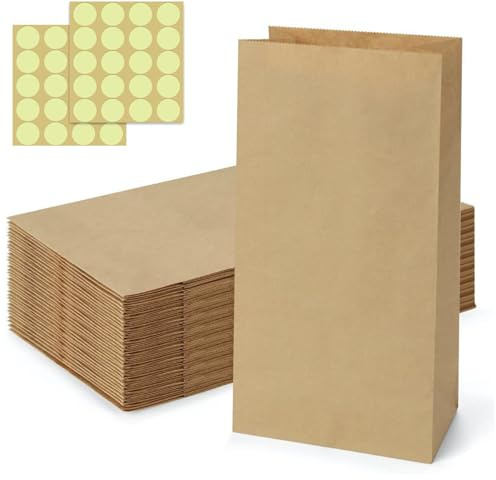 OUSUWO 50 piccoli sacchetti di carta con adesivi, sacchetti di carta kraft per calendario dell'Avvento di Natale, riempibili, sacchetti regalo marroni e sacchetti per alimenti per prodotti da forno