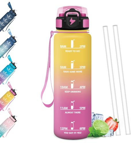 Mulbijeo Gourde 1L, Étanches, Bouteille d'eau, Portable, Gourde Avec Paille, Échelle de Temps et Slogans de Motivation, Bouteille Sport pour Fête, Ecole, Cyclisme, Camping, Sport, Yoga