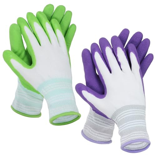 Aysatogc 2 paia di guanti da giardinaggio per uomo e donna, guanti da lavoro con rivestimento antiscivolo in lattice, traspiranti, comodi da giardino, multiuso, verde, viola