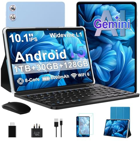 fezawio 10.1 Inch Android 15 Tablet with Gemini AI, 30GB RAM 128GB ROM, 1TB Expandable, Octa-Core, WiFi 6, Widevine L1, 8000mAh, Included Mouse, Keyboard & Case, Blue