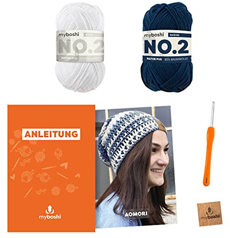 myboshi Häkelset Mütze Aomori, inkl. No.2 Wolle, Nadel und Anleitung, Sommermütze, Häkelpaket, 85% Baumwolle, 15% Kapok Weiß, mit Häkelnadel
