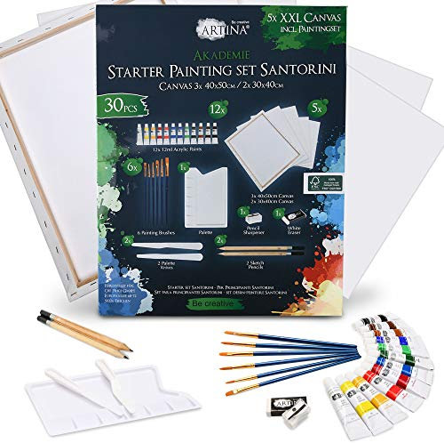 Artina Set di Tele e Colori Acrilici Santorini - 30 articoli - Set per pitturare con 12x12ml colori acrilici, 5x tele, pennelli, spatole e set per disegno