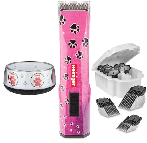 EHASO HEINIGER Profi Hundeschermaschine Set Saphir Akku-Schermaschine mit Scherkopf Size 10 (1,5 mm), neunteiligem Aufsteckkammset + Hundenapf
