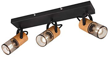 3-flammiger Deckenstrahler mit Drahtgitter Schwarz und Holz, Breite 44cm