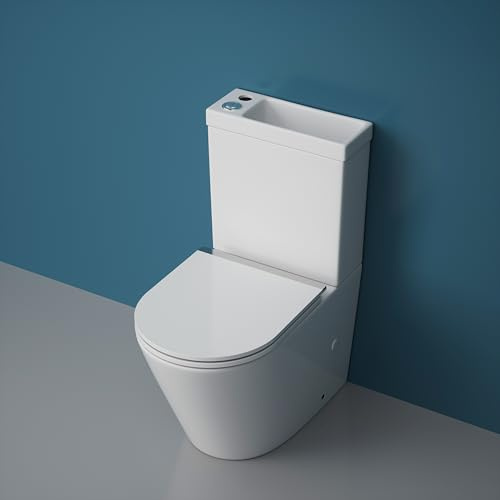 Durovin Bathrooms Close Coupled Two Piece Ceramic Toilet with Sink On Top - Rimless WC Pan with Cistern and Soft Close Seat