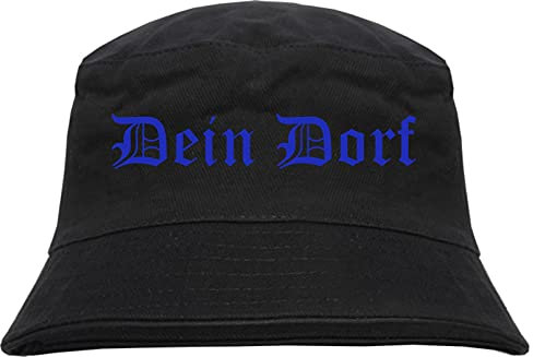 Individueller Anglerhut - altdeutsch - schwarz - Bucket Hat - Fischerhut mit Wunschtext Bedruckt Druckfarbe: Blau L
