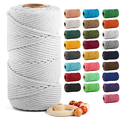 Macrame Cotton Cord 5mm x 109 Yards, ZUEXT 100% Natural Handmade Colorful 4 Strands Twisted Braided Cotton Rope for Wall Hanging Plant Hangers Gift Wrapping Tapestry DIY Crafts(100m, White)